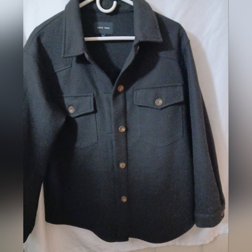 Love Tree Black Pea Coat with Lapels and Wool Blend